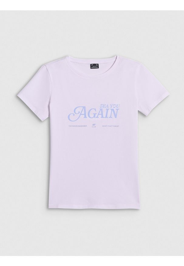 4f - 4F T-shirt slim z nadrukiem damski - biały L. Okazja: na co dzień. Kolor: biały. Materiał: materiał, dzianina. Wzór: nadruk. Styl: casual