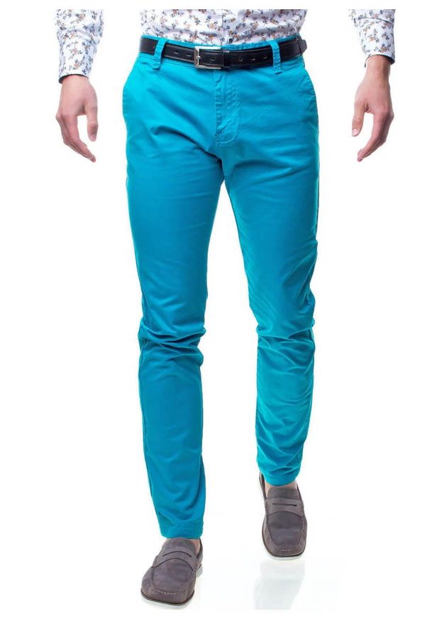 Spodnie męskie chinosy niebieskie Recea. Okazja: na co dzień. Kolor: niebieski. Materiał: bawełna. Styl: casual, elegancki