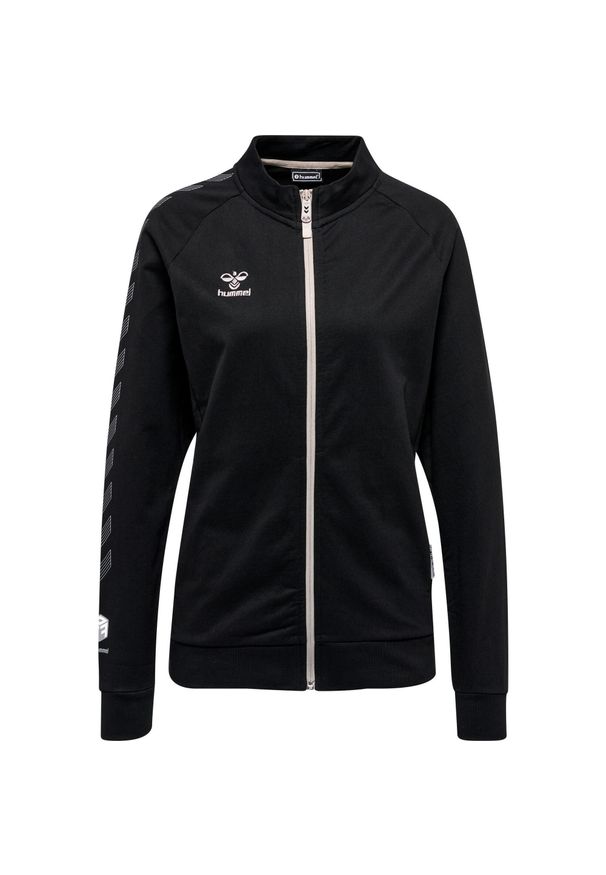 Damska bawełniana bluza dresowa zapinana na zamek Hummel Move Grid. Kolor: czarny. Materiał: bawełna, dresówka. Wzór: jodełka, nadruk. Sport: piłka nożna