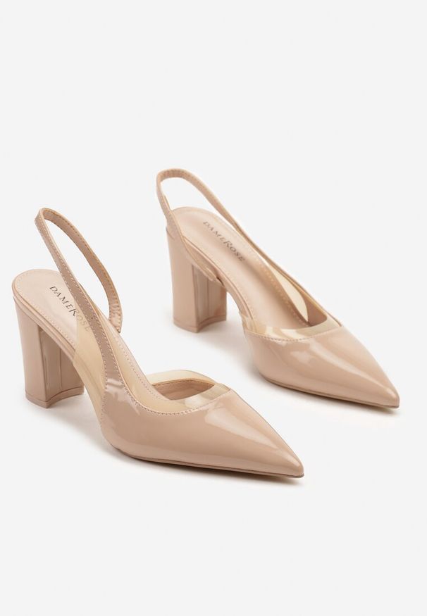 Renee - Beżowe Sandały Lakierowane na Słupku typu Slingback Dralzedi. Okazja: na co dzień. Zapięcie: sprzączka. Kolor: beżowy. Materiał: lakier. Obcas: na słupku. Styl: elegancki, casual, klasyczny