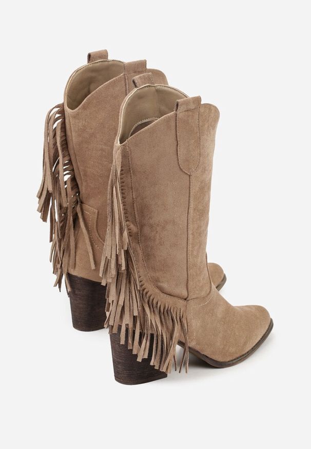 Renee - Beżowe Botki Kowbojki na Stożku z Frędzlami przy Cholewce Reinia. Okazja: na spacer. Kolor: beżowy. Materiał: jeans, zamsz. Szerokość cholewki: normalna. Obcas: na stożku. Styl: boho. Wysokość obcasa: średni
