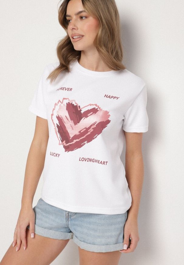 Born2be - Biały T-shirt z Ozdobnym Nadrukiem Palithiela. Okazja: na co dzień. Kolor: biały. Materiał: jeans. Wzór: nadruk. Styl: klasyczny, casual
