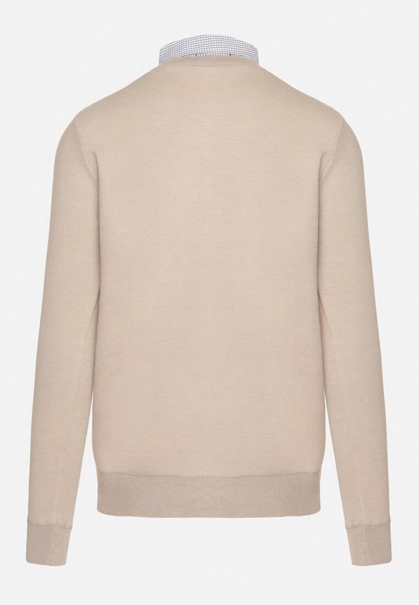 Born2be - Beżowy Sweter z Wełną i Koszulowym Kołnierzykiem Espirra. Okazja: na spotkanie biznesowe, do pracy, na co dzień. Typ kołnierza: kołnierzyk koszulowy. Kolor: beżowy. Materiał: wełna. Styl: biznesowy, casual, elegancki