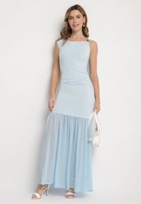 Born2be - Niebieska Koktajlowa Sukienka z Wiskozą Ozdobiona Marszczeniem Galapina. Okazja: na imprezę. Kolor: niebieski. Materiał: wiskoza. Wzór: aplikacja. Styl: wizytowy #7