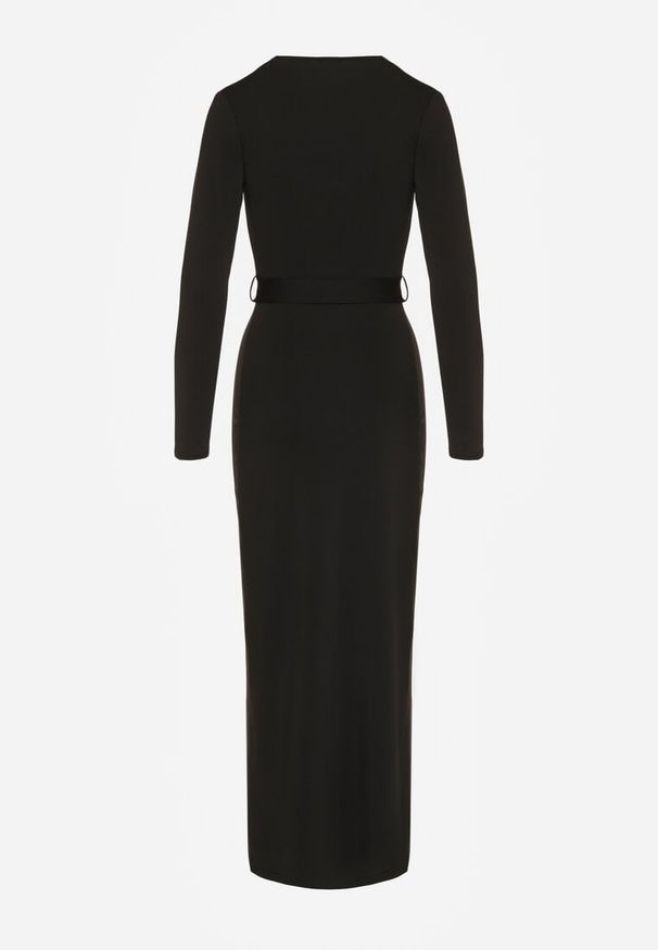 Renee - Czarna Sukienka z Wiskozą o Kopertowym Kroju z Rozcięciem i Wiązanym Paskiem Tesela. Okazja: na co dzień. Kolor: czarny. Materiał: wiskoza. Typ sukienki: kopertowe. Styl: casual