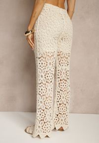 Renee - Beżowe Spodnie Flare High Waist z Ażurowej Tkaniny z Gumką w Talii Mepnira. Okazja: na co dzień. Stan: podwyższony. Kolor: beżowy. Materiał: tkanina. Wzór: ażurowy. Styl: casual, elegancki #4