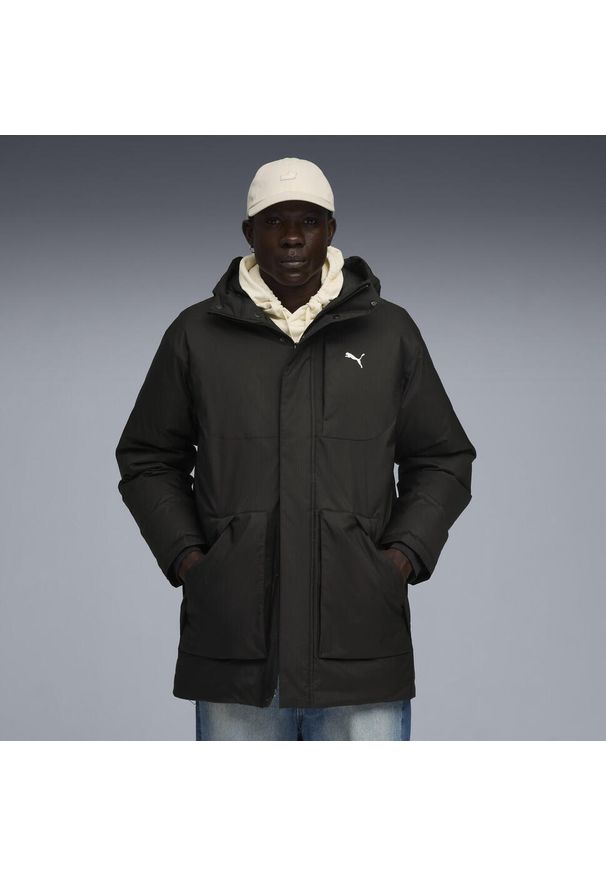 Puma - Męska parka puchowa z kapturem PUMA. Typ kołnierza: kaptur. Kolor: wielokolorowy, szary, czarny, brązowy. Materiał: puch. Długość: długie. Sport: turystyka piesza