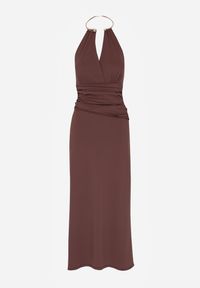 Born2be - Brązowa Sukienka Koktajlowa z Dekoltem Halter i Odkrytymi Plecami Sewrina. Okazja: na wesele, na ślub cywilny. Typ kołnierza: dekolt halter. Kolor: brązowy. Materiał: jedwab. Typ sukienki: proste. Styl: wizytowy #2