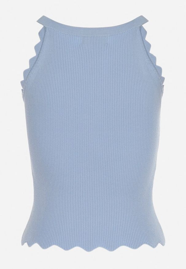 Born2be - Niebieski Klasyczny Top z Prążkowanego Materiału z Wiskozą i Ozdobnym Wykończeniem Grunvia. Okazja: na co dzień, do pracy. Kolor: niebieski. Materiał: materiał, wiskoza, prążkowany. Sezon: lato. Styl: klasyczny