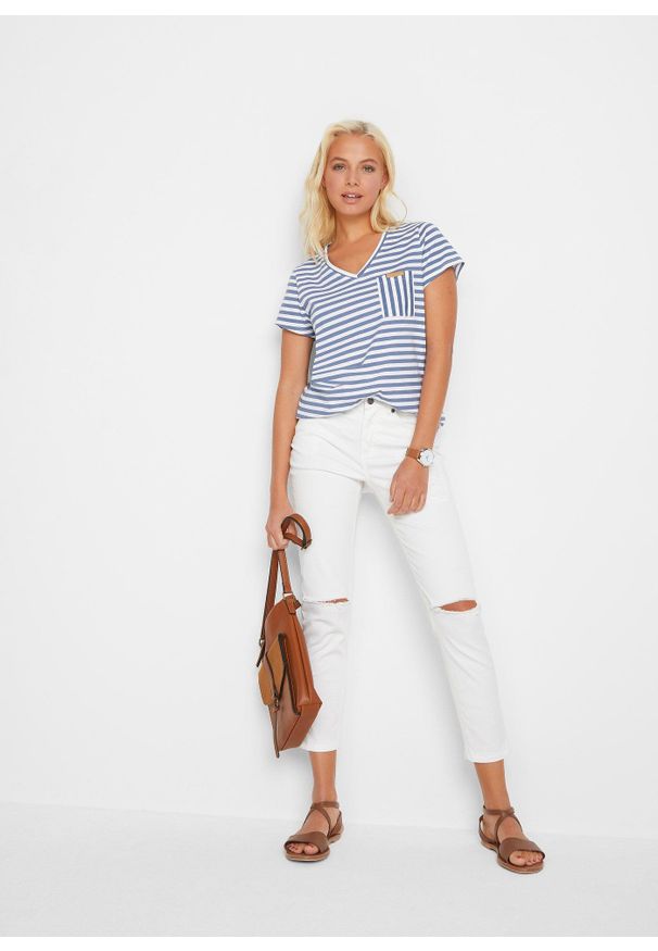 bonprix - T-shirt w paski. Okazja: na co dzień. Kolor: niebieski. Wzór: paski. Styl: casual