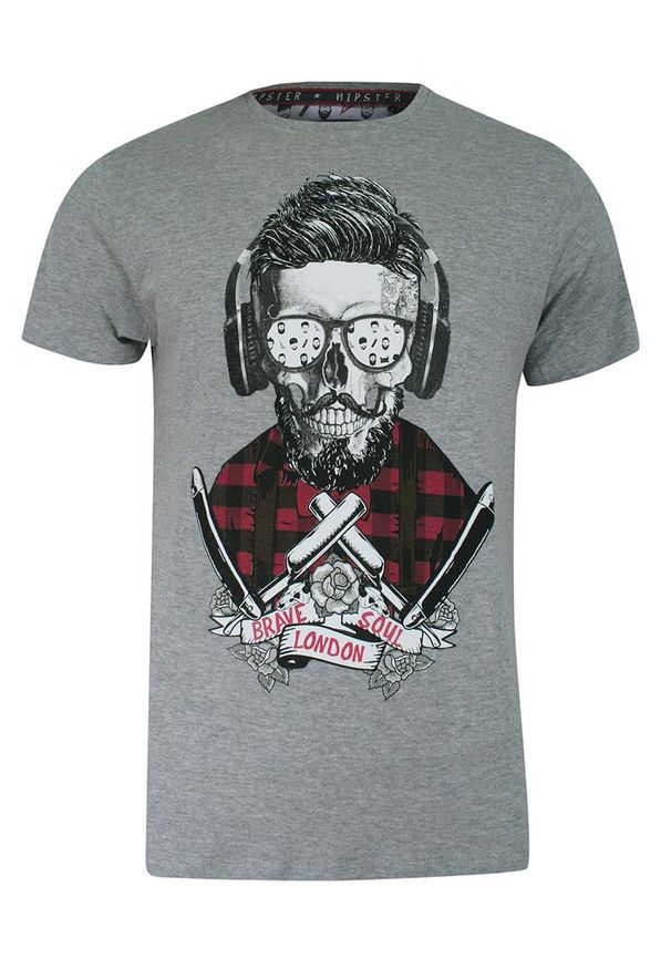 Brave Soul - T-shirt Szary Bawełniany, z Nadrukiem, Hipster, Barber w Okularach, Krótki Rękaw, Męski -BRAVE SOUL. Okazja: na co dzień. Kolor: szary. Materiał: wiskoza, bawełna. Długość rękawa: krótki rękaw. Długość: krótkie. Wzór: nadruk. Sezon: lato, wiosna. Styl: casual