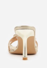 Born2be - Złote Klapki na Szpilce z Aplikacją Kwiatka Valanna. Okazja: na co dzień. Kolor: złoty. Materiał: jeans. Wzór: aplikacja, kwiaty. Obcas: na szpilce. Styl: casual, elegancki #5