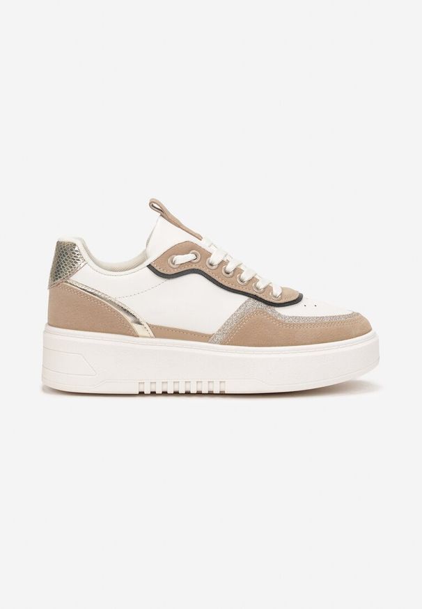 Renee - Ciemnobeżowe Sneakersy z Brokatowymi Wstawkami Nickole. Wysokość cholewki: przed kostkę. Kolor: beżowy. Materiał: materiał. Szerokość cholewki: normalna
