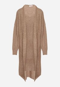 Born2be - Ciemnobeżowy Komplet Dzianinowy z Wełną Długi Kardigan i Sukienka w Prążki Falandrea. Kolor: beżowy. Materiał: dzianina, wełna. Wzór: prążki #7