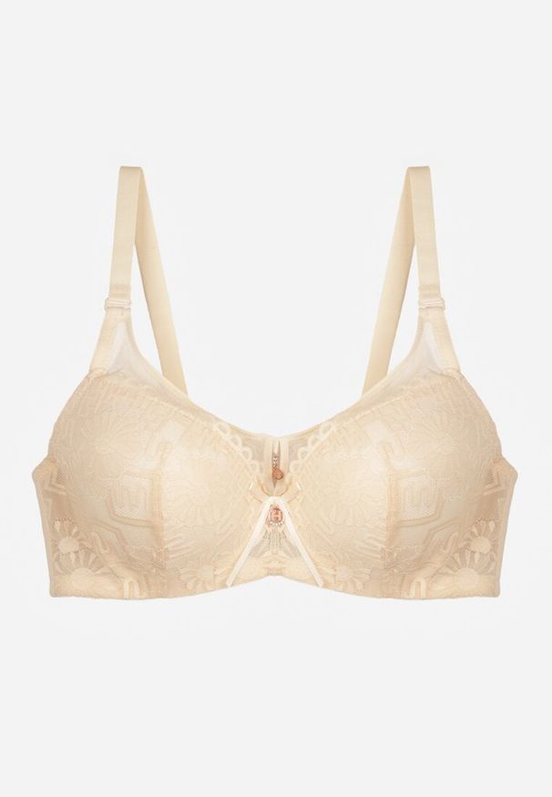 Born2be - Beżowy Biustonosz z Koronką i Transparentną Wstawką Heliphine. Kolor: beżowy. Materiał: koronka. Wzór: koronka