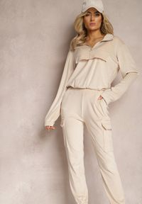 Renee - Jasnobeżowy Komplet Dresowy Welurowy z Kieszeniami z Klapami Bluza i Spodnie Amarillis. Kolor: beżowy. Materiał: dresówka, welur. Sport: turystyka piesza #3