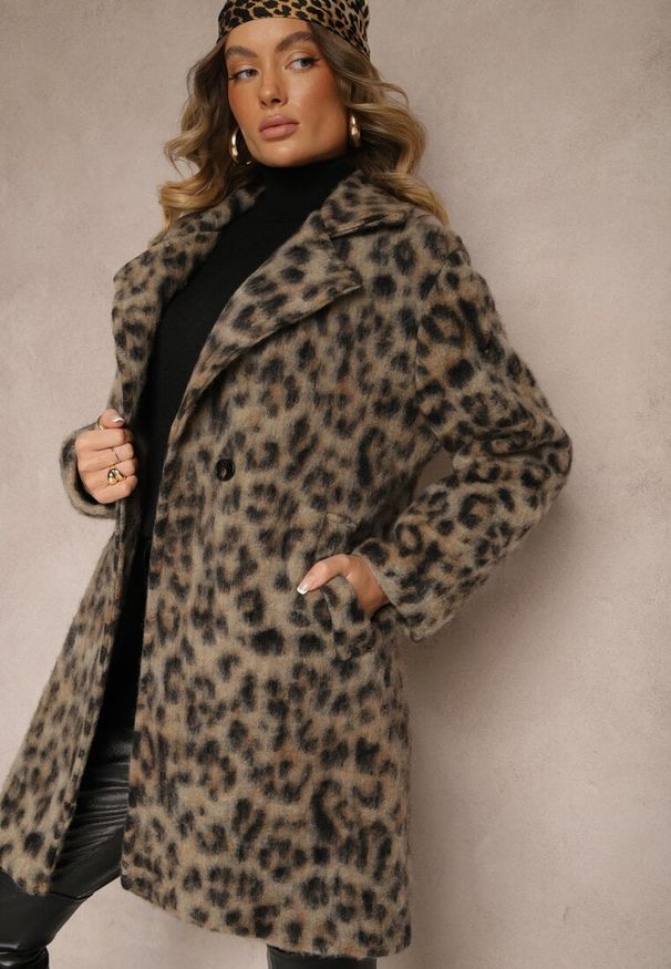 Renee - Beżowy Panterkowy Płaszcz Dwurzędowy z Wsuwanymi Kieszeniami Niarelith. Okazja: na co dzień. Kolor: beżowy. Materiał: jeans. Styl: elegancki, casual