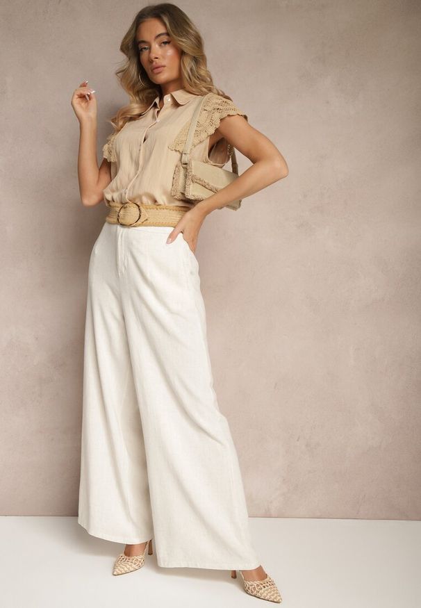 Renee - Beżowa Wiskozowa Koszula z Lnem i Ażurowymi Rękawami Feniraen. Okazja: na co dzień. Typ kołnierza: kołnierzyk klasyczny. Kolor: beżowy. Materiał: len, wiskoza. Długość rękawa: krótki rękaw. Długość: krótkie. Wzór: ażurowy. Styl: klasyczny, casual, elegancki