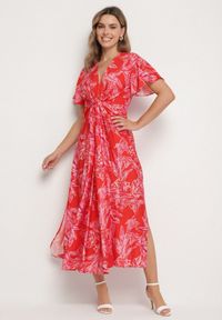 Born2be - Czerwona Sukienka z Wiskozy w Abstrakcyjny Wzór Lunalisa. Okazja: na co dzień. Kolor: czerwony. Materiał: wiskoza. Styl: casual, klasyczny, elegancki