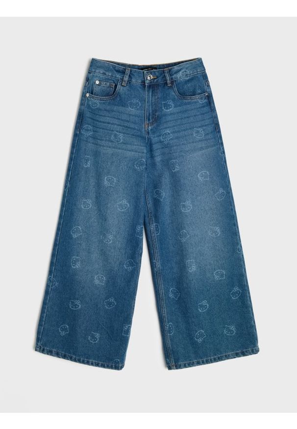 Sinsay - Jeansy wide leg z efektem sprania Hello Kitty - granatowy. Kolor: niebieski. Wzór: motyw z bajki