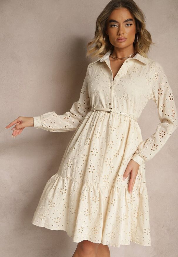 Renee - Beżowa Haftowana Sukienka z Bawełny Folisse. Kolor: beżowy. Materiał: bawełna. Wzór: haft. Styl: elegancki
