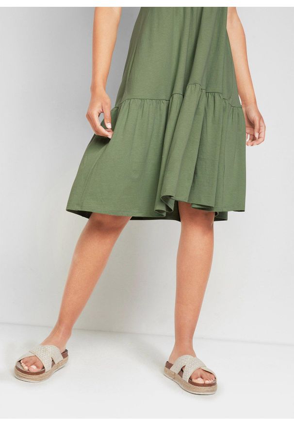 bonprix - Sukienka z dżerseju z czystej bawełny. Typ kołnierza: dekolt w serek. Kolor: zielony. Materiał: jersey, bawełna. Wzór: gładki. Długość: midi