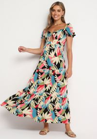 Born2be - Beżowo-Czarna Wiskozowa Sukienka w Kwiaty z Wiązaniem przy Dekolcie i Falbanką Meviera. Okazja: na co dzień, na randkę, na spacer. Kolor: czarny. Materiał: wiskoza. Wzór: kwiaty. Sezon: lato. Styl: casual #4