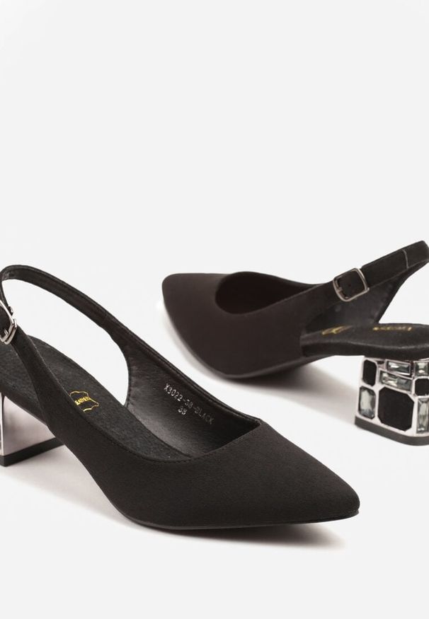 Renee - Czarne Sandały Vices na Ozdobnym Słupku Typu Slingback ze Skórzaną Wkładką Eraliora. Okazja: na co dzień. Zapięcie: sprzączka. Kolor: czarny. Materiał: skóra. Obcas: na słupku. Styl: elegancki, casual