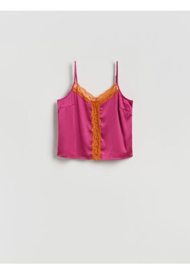 Reserved - Top z koronką - fuksja. Kolor: różowy. Materiał: koronka. Wzór: koronka