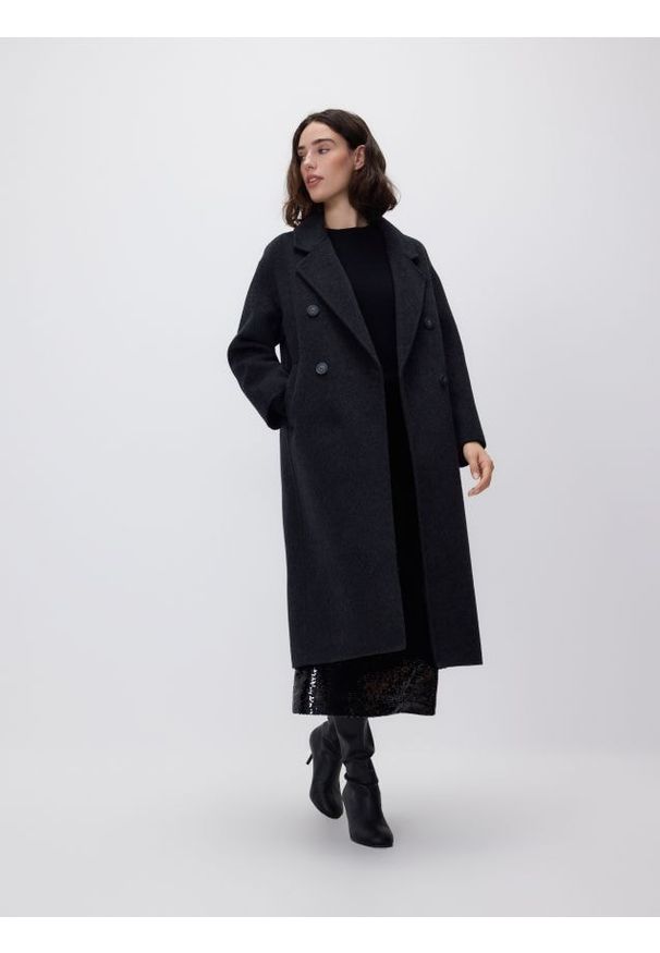 Reserved - Płaszcz handmade z wełną - czarny. Kolor: czarny. Materiał: wełna