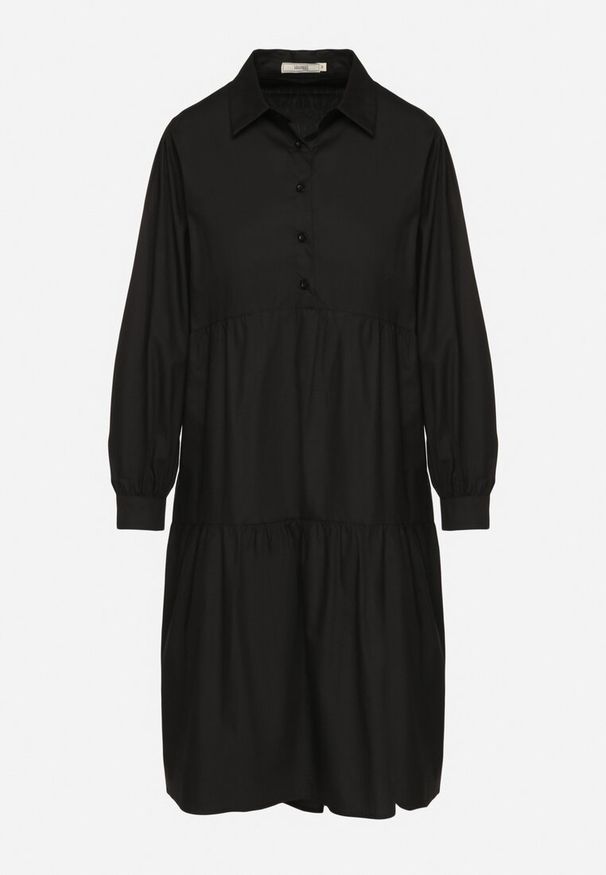 Born2be - Czarna Bawełniana Sukienka Koszulowa o Rozkloszowanym Kroju Olenias. Okazja: na co dzień. Kolor: czarny. Materiał: bawełna. Typ sukienki: koszulowe. Styl: casual