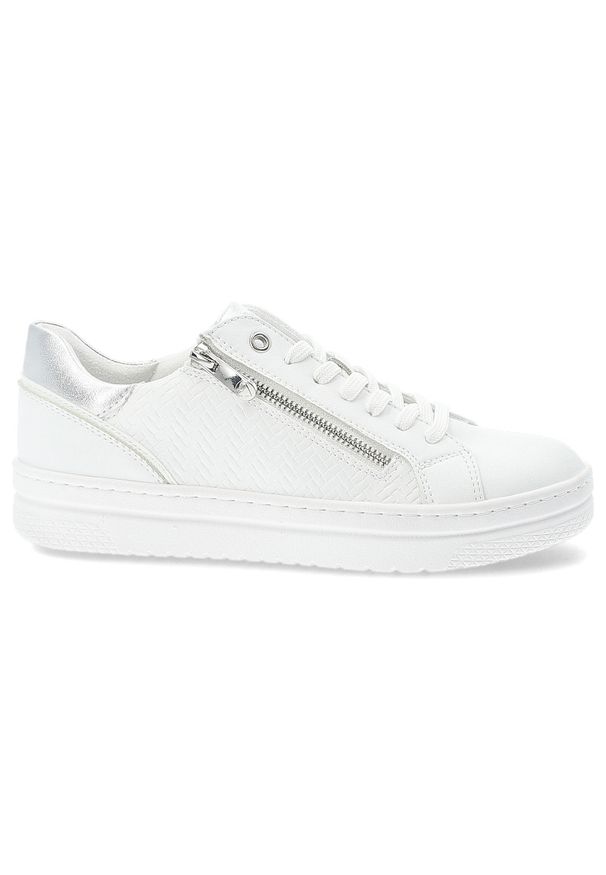 Białe Sneakersy Marco Tozzi Modne Obuwie Damskie Z Eleganckim Suwakiem. Okazja: na co dzień, na spacer. Zapięcie: zamek. Kolor: biały. Materiał: materiał. Szerokość cholewki: normalna. Sport: turystyka piesza
