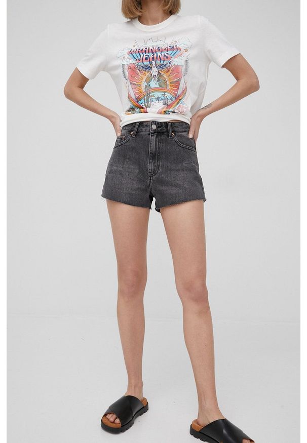Dr. Denim szorty jeansowe damskie kolor szary gładkie high waist. Stan: podwyższony. Kolor: szary. Materiał: denim, jeans. Wzór: gładki
