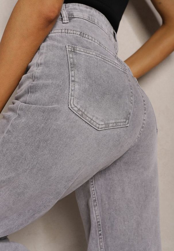 Renee - Szare Jeansy z Bawełny High Waist z Szerokimi Nogawkami i Dziurami Naviseo. Okazja: na co dzień. Stan: podwyższony. Kolor: szary. Styl: elegancki, casual