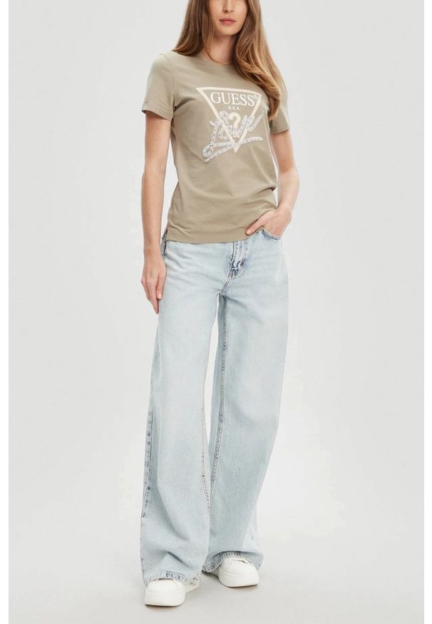 Guess - GUESS Zielony damski t-shirt Pearls Love. Kolor: zielony