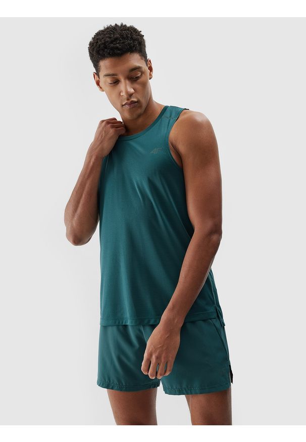 4f - 4F Tank top do biegania szybkoschnący męski - turkusowy S. Typ kołnierza: dekolt na plecach. Kolor: turkusowy. Materiał: dzianina, elastan, włókno, syntetyk, materiał. Długość rękawa: na ramiączkach. Długość: krótkie. Wzór: gładki, jednolity, ze splotem. Sezon: lato. Sport: fitness, bieganie