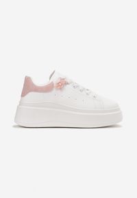 Renee - Biało-Różowe Sznurowane Sneakersy na Platformie z Aplikacją przy Sznurówkach Khirlie. Kolor: różowy. Wzór: aplikacja. Obcas: na platformie #4