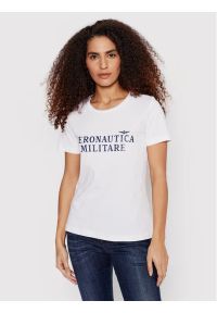 Biały t-shirt z napisem Aeronautica Militare. Kolor: biały. Materiał: bawełna. Wzór: napisy