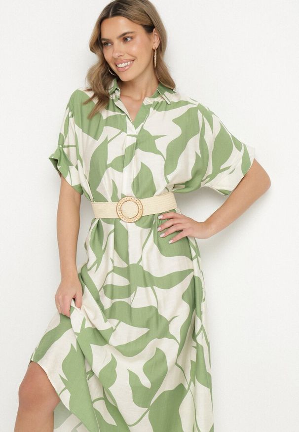 Born2be - Jasnozielona Sukienka Rozkloszowana z Bawełną w Abstrakcyjny Print Telanisa. Okazja: na co dzień. Kolor: zielony. Materiał: bawełna. Wzór: nadruk. Typ sukienki: rozkloszowane. Styl: casual, elegancki