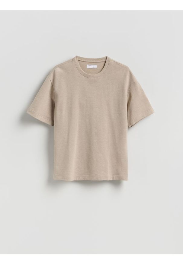 Reserved - Bawełniany t-shirt boxy - beżowy. Kolor: beżowy. Materiał: bawełna