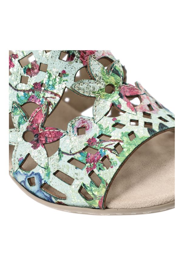 Sandały damskie Rieker, cholewka ze skóry ekologicznej z wzorzystym nadrukiem zapinane na rzep, kolorowe, 64780-92. Zapięcie: rzepy. Materiał: skóra ekologiczna. Wzór: kolorowy, nadruk