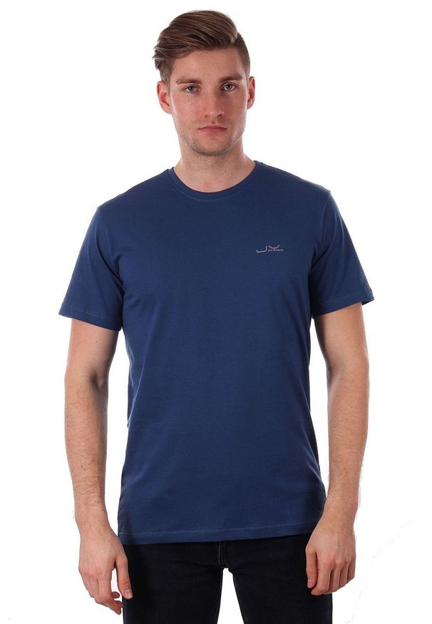 Granatowy T-shirt Męski, Krótki Rękaw, 100% BAWEŁNA -Just Yuppi, z Logo, Koszulka. Okazja: na co dzień. Kolor: niebieski. Materiał: bawełna. Długość rękawa: krótki rękaw. Długość: krótkie. Wzór: nadruk. Styl: casual