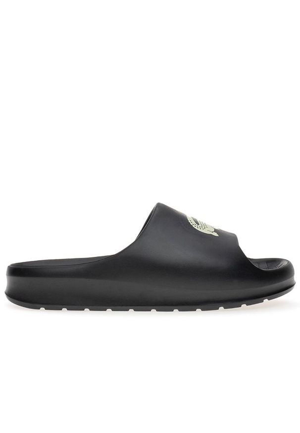 Klapki Lacoste Croco 2.0 Eco 123 745CMA0005-454 - czarne. Okazja: na plażę, na co dzień. Zapięcie: pasek. Kolor: czarny. Materiał: materiał, syntetyk. Szerokość cholewki: normalna. Wzór: aplikacja. Sport: pływanie