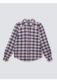 Big-Star - Koszula damska flanelowa z wiskozy w krate granatowo-beżowa Indina 401. Okazja: do pracy, na co dzień. Typ kołnierza: kołnierzyk klasyczny. Kolor: niebieski. Materiał: wiskoza. Wzór: kratka. Styl: klasyczny, casual