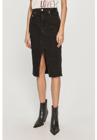 Calvin Klein Jeans - Spódnica jeansowa. Okazja: na co dzień. Stan: podwyższony. Kolor: czarny. Materiał: tkanina, bawełna, denim, elastan. Wzór: gładki. Styl: casual #1