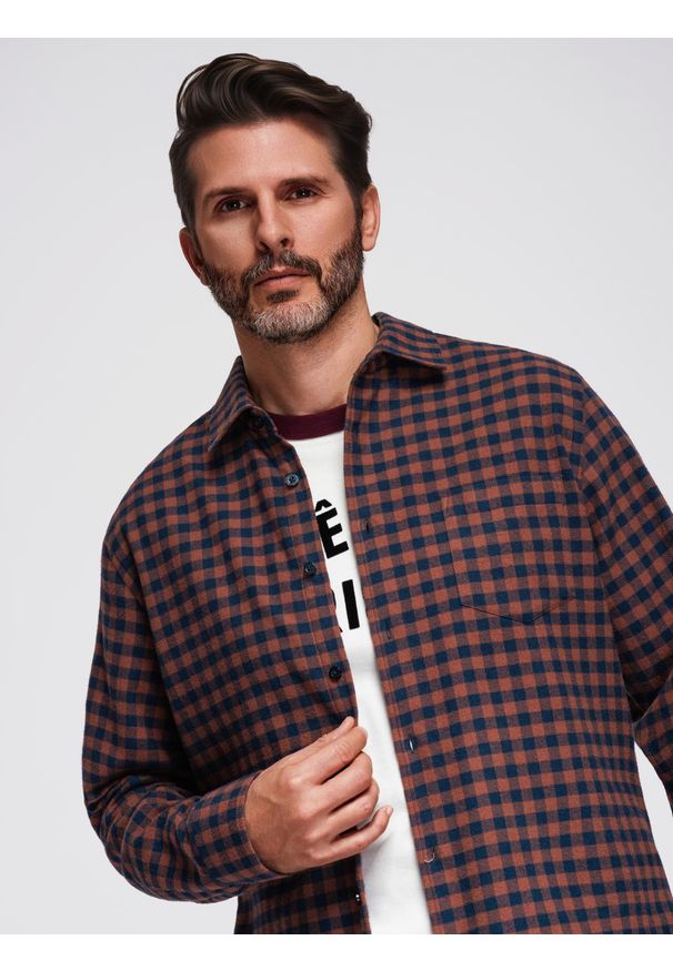 Ombre Clothing - Koszula męska flanelowa w kratę - granatowo-ceglasta V6 - Rozmiar: L. Kolor: niebieski. Materiał: bawełna. Styl: klasyczny