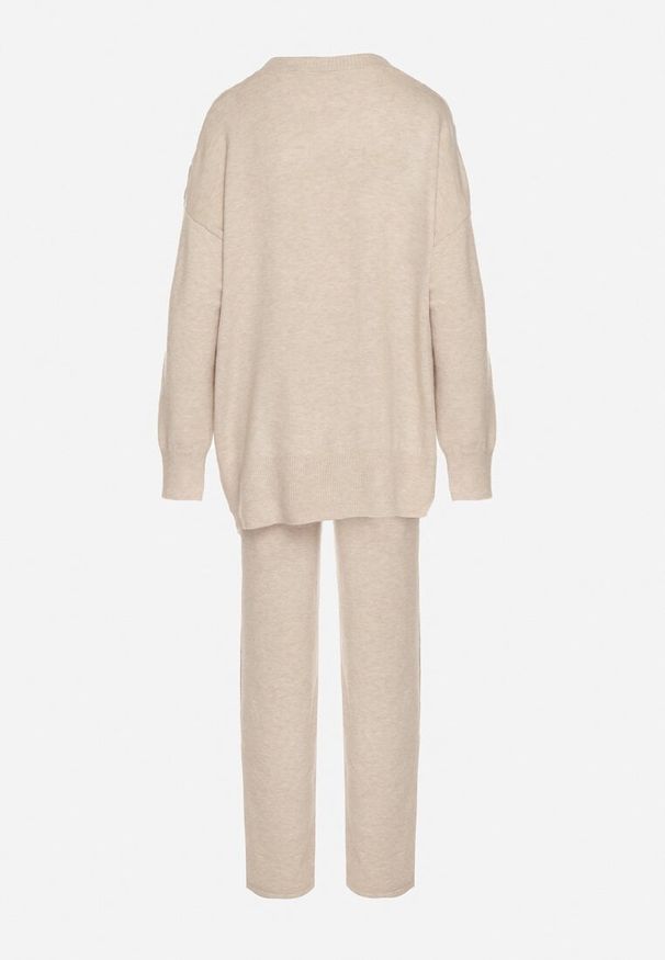 Born2be - Jasnobeżowy Komplet Dzianinowy z Bawełną i Wełną Spodnie i Warkoczowy Sweter Errela. Kolor: beżowy. Materiał: wełna, bawełna, dzianina