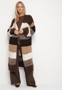 Born2be - Brązowy Długi Kardigan Ażurowy w Paski z Domieszką Wełny i Wiskozy Ilomine. Okazja: na spotkanie biznesowe, na co dzień. Kolor: brązowy. Materiał: wiskoza, wełna. Długość: długie. Wzór: ażurowy, paski. Styl: casual, biznesowy #3