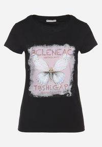 Born2be - Czarny Bawełniany T-shirt z Nadrukiem Motyla i Cyrkoniami Uliriela. Okazja: na co dzień. Kolor: czarny. Materiał: bawełna. Wzór: nadruk. Sezon: lato. Styl: klasyczny, casual #7