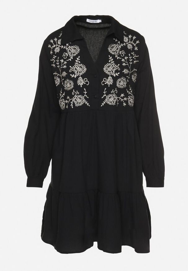 Born2be - Czarna Rozkloszowana Bawełniana Sukienka z Haftem Railenne. Okazja: na imprezę, na co dzień. Kolor: czarny. Materiał: bawełna. Wzór: haft. Typ sukienki: proste. Styl: elegancki, casual, klasyczny